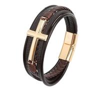 HUIANGLIYG Cross Bracelet for Men Women Vikings Multi-Layer Handmade Braided Genuine Leather Wristband with Magnetic Clasp Classic Religious Cross Bangle for Daily Church WearBrown Leather-Gold Acce