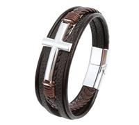 HUIANGLIYG Cross Bracelet for Men Women Vikings Multi-Layer Handmade Braided Genuine Leather Wristband with Magnetic Clasp Classic Religious Cross Bangle for Daily Church WearBrown Leather-Silver Ac