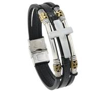 HUIANGLIYG Cross Leather Bracelet for Men Multi Strand Braided Leather Wristband with Gold Skull Beads Gothic Punk Crucifix Bracelet Handmade Jewellery Gift for Him Black 21Cm