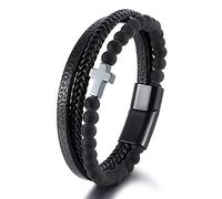 HUIANGLIYG Cross Leather Bracelet for Men Natural Stone Beads Leather Bracelet Black Multi Layer Braided Wristband Mens Catholic Faith Cuff Bangle Christmas Easter Jewelry Gift Frosted Stone C 22Cm