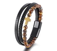 HUIANGLIYG Cross Leather Bracelet for Men Natural Stone Beads Leather Bracelet Black Multi Layer Braided Wristband Mens Catholic Faith Cuff Bangle Christmas Easter Jewelry Gift Yellow Tiger Eye Ston