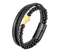 HUIANGLIYG Cross Leather Bracelet for Men Natural Stone Beads Leather Bracelet Black Multi Layer Braided Wristband Cross Faith Cuff Bangle Christmas Easter Jewelry Gift with Box Black onyx 1 20Cm