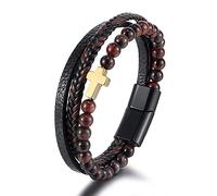 HUIANGLIYG Cross Leather Bracelet for Men Natural Stone Beads Leather Bracelet Black Multi Layer Braided Wristband Mens Catholic Faith Cuff Bangle Christmas Easter Jewelry Gift Red Tiger Eye Stone B