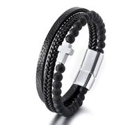 HUIANGLIYG Cross Leather Bracelet for Men Natural Stone Beads Leather Bracelet Black Multi Layer Braided Wristband Mens Catholic Faith Cuff Bangle Christmas Easter Jewelry Gift Frosted Stone A 21Cm