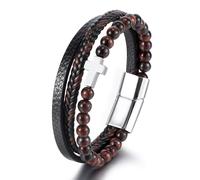 HUIANGLIYG Cross Leather Bracelet for Men Natural Stone Beads Leather Bracelet Black Multi Layer Braided Wristband Mens Catholic Faith Cuff Bangle Christmas Easter Jewelry Gift Red Tiger Eye Stone A