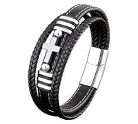HUIANGLIYG Cross Leather Bracelet For Men Women Natural Stone Cross Multilayer Braided Memorial Wristband With Magnetic Buckle Religious Activities Holiday Gifts Silver-1 23 Cm