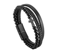 HUIANGLIYG Cross Leather Wrap Bracelet for Men Multi Layer Handmade Braided Wristband Natural Stone Mens Religious Faith Bracelet Vintage Punk Cuff Bangle Jewelry Gifts for Him Black 20Cm