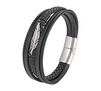 HUIANGLIYG Feather Leather Bracelet for Men Viking, Multi-Layer Braided Genuine Leather Wristband Black Vintage Punk Feather Cuff Bangle Jewellery Gift for Women Men Silver 21Cm