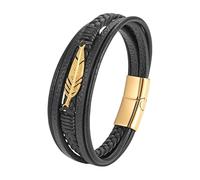 HUIANGLIYG Feather Leather Bracelet for Men Viking, Multi-Layer Braided Genuine Leather Wristband Black Vintage Punk Feather Cuff Bangle Jewellery Gift for Women Men Gold 20.5Cm