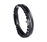 HUIANGLIYG Genuine Leather Cross Bracelet For Men Vintage Braided Mutilayer Sideway Cross Cuff Wristband Religious Faith Prayer Yoga Jewelry With Gift Box Black 21 Cm