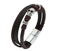 HUIANGLIYG Gothic Skull Leather Wristband for Men Multi Layer Braided Leather Wrap Bracelet with Magnetic Clasp Vintage Punk Skeleton Cuff Bangle Jewellery Gift for Him Brown 22Cm