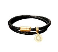 HUIANGLIYG initial Leather Wrap Bracelet Black Braided Double Layer Wristband with Magnetic Clasp Cubic Zirconia 26 Letter Alphabet A Z Bracelet Stylish Personalised Jewellery for Men Women Letter Q