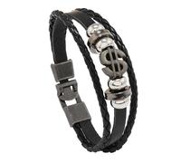 HUIANGLIYG Leather Bracelet for Mens Multi Layer Handmade Braided Dollar Sign Bracelet with Buckle Personalised Vintage Cuff Wristband Symbol Money Hippie Accessories for Him Black 21Cm