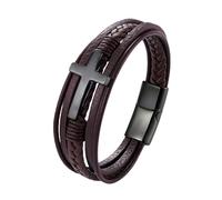 HUIANGLIYG Leather Bracelet Man, Cross Brown Leather Bracelet Multi Strand Handmade Braided Cuff Wristband with Magnetic Clasp Unisex Religious Bangle Suitable for Daily Worship Birthday Gifts Black