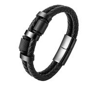 HUIANGLIYG Leather Bracelet Man, Mens Double Row Black Braided Leather Bracelet Classic Handmade Woven Rope Wristband Casual Business Cuff Bangle with Loops Gift for Boys Him Accessories Black 22Cm
