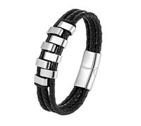 HUIANGLIYG Leather Bracelet Man, Three Row Black Braided Leather Bracelets for Men Handmade Twist Woven Rope Wristband with Beads Stylish Punk Cuff Bangle Gift Idea for Dad Friends Brother Sons Silv