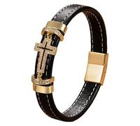 HUIANGLIYG Leather Cross Bracelet For Men Cubic Zirconia Cross Religious Faith Cuff Bracelets With Magnetic Closure Simple Punk Jewelry Gifts For Men Women Gold-5 19 Cm