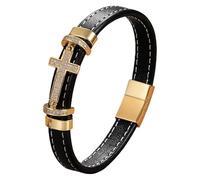 HUIANGLIYG Leather Cross Bracelet For Men Cubic Zirconia Cross Religious Faith Cuff Bracelets With Magnetic Closure Simple Punk Jewelry Gifts For Men Women Gold-1 23 Cm
