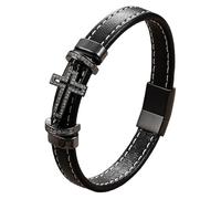 HUIANGLIYG Leather Cross Bracelet For Men Cubic Zirconia Cross Religious Faith Cuff Bracelets With Magnetic Closure Simple Punk Jewelry Gifts For Men Women Black-2 23 Cm
