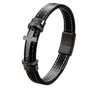 HUIANGLIYG Leather Cross Bracelet For Men Cubic Zirconia Cross Religious Faith Cuff Bracelets With Magnetic Closure Simple Punk Jewelry Gifts For Men Women Black-1 23 Cm