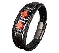 HUIANGLIYG Leather Cross Bracelet For Men Natural Stone Charm Faith Bracelet Vintage Handmade Multi-Layer Braided Wristband With Magnetic Clasp Gemstone Jewellery Red Agate 21 Cm