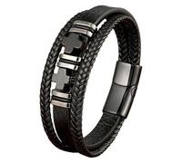 HUIANGLIYG Leather Cross Bracelet For Men Natural Stone Charm Faith Bracelet Vintage Handmade Multi-Layer Braided Wristband With Magnetic Clasp Gemstone Jewellery Black Onyx 19 Cm