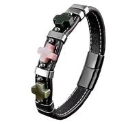 HUIANGLIYG Leather Cross Bracelet For Men Women Natural Stone Charm Faith Bracelet Vintage Handmade Black Leather Wristband With Magnetic Clasp Gemstone Jewellery African Agate 19 Cm