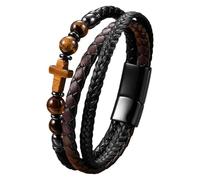 HUIANGLIYG Leather Cross Bracelet For Men Women Vintage Punk Braided Mutilayer Sideway Cross Cuff Wristband Religious Faith Prayer Yoga Jewelry With Gift Box Tiger Eye 23 Cm