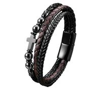 HUIANGLIYG Leather Cross Bracelet For Men Women Vintage Punk Braided Mutilayer Sideway Cross Cuff Wristband Religious Faith Prayer Yoga Jewelry With Gift Box Hematite 23 Cm