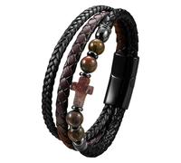 HUIANGLIYG Leather Cross Bracelet For Men Women Vintage Punk Braided Mutilayer Sideway Cross Cuff Wristband Religious Faith Prayer Yoga Jewelry With Gift Box Indian Agate 23 Cm