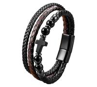 HUIANGLIYG Leather Cross Bracelet For Men Women Vintage Punk Braided Mutilayer Sideway Cross Cuff Wristband Religious Faith Prayer Yoga Jewelry With Gift Box Black Onyx 23 Cm