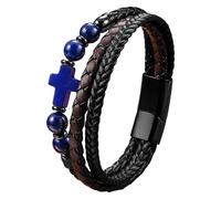 HUIANGLIYG Leather Cross Bracelet For Men Women Vintage Punk Braided Mutilayer Sideway Cross Cuff Wristband Religious Faith Prayer Yoga Jewelry With Gift Box Lapis Lazuli 21 Cm