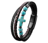 HUIANGLIYG Leather Cross Bracelet For Men Women Vintage Punk Braided Mutilayer Sideway Cross Cuff Wristband Religious Faith Prayer Yoga Jewelry With Gift Box Turquoise 19 Cm