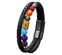 HUIANGLIYG Men’S 7 Chakra Leather Bracelet Unisex Double Braided Black Genuine Leather Wristband With Natural Stones Spiritual Jewelry Gift For Yoga Meditation Color-C 23 Cm