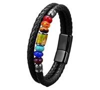 HUIANGLIYG Men’S 7 Chakra Leather Bracelet Unisex Double Braided Black Genuine Leather Wristband With Natural Stones Spiritual Jewelry Gift For Yoga Meditation Color-A 21 Cm