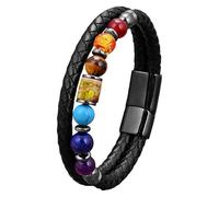HUIANGLIYG Men’S 7 Chakra Leather Bracelet Unisex Double Braided Black Genuine Leather Wristband With Natural Stones Spiritual Jewelry Gift For Yoga Meditation Color-D 23 Cm