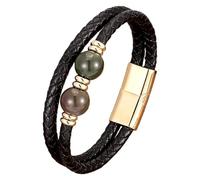HUIANGLIYG Men’S Braided Leather Bracelet With Natural Stones Double Layer Black Leather Wristband Healing Crystal Beads Bracelet Trendy Boho Tribal Jewelry Gift Gold-5 21 Cm