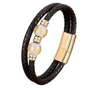 HUIANGLIYG Men’S Braided Leather Bracelet With Natural Stones Double Layer Black Leather Wristband Healing Crystal Beads Bracelet Trendy Boho Tribal Jewelry Gift Gold-12 23 Cm