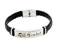 HUIANGLIYG Men'S 12 Constellation Leather Bracelet Black Handmade Woven Leather Wristband with Clasp Vintage Zodiac Sign Astrology Jewellery, Thoughtful Gift for Dad Husband Boyfriend Gemini 22Cm