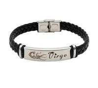 HUIANGLIYG Men'S 12 Constellation Leather Bracelet Black Handmade Woven Leather Wristband with Clasp Vintage Zodiac Sign Astrology Jewellery, Thoughtful Gift for Dad Husband Boyfriend Virgo 20Cm