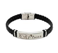 HUIANGLIYG Men'S 12 Constellation Leather Bracelet Black Handmade Woven Leather Wristband with Clasp Vintage Zodiac Sign Astrology Jewellery, Thoughtful Gift for Dad Husband Boyfriend Pisces 21Cm