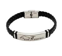 HUIANGLIYG Men'S 12 Constellation Leather Bracelet Black Handmade Woven Leather Wristband with Clasp Vintage Zodiac Sign Astrology Jewellery, Thoughtful Gift for Dad Husband Boyfriend Taurus 22Cm