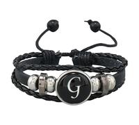 HUIANGLIYG Men'S Adjustable Leather Initial Bracelet Handmade Woven Leather Bracelet With A-Z Alphabet Letters Engraved Black Hematite Stone Bead Cuff Wristband G 21 Cm