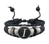 HUIANGLIYG Men'S Adjustable Leather Initial Bracelet Handmade Woven Leather Bracelet With A-Z Alphabet Letters Engraved Black Hematite Stone Bead Cuff Wristband I 21 Cm