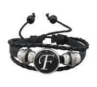 HUIANGLIYG Men'S Adjustable Leather Initial Bracelet Handmade Woven Leather Bracelet With A-Z Alphabet Letters Engraved Black Hematite Stone Bead Cuff Wristband F 21 Cm