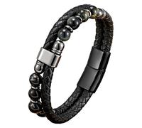 HUIANGLIYG Mens Bead Leather Bracelet Natural Stone Beaded Double Layer Cord Bangle Black Braided Leather Bracelet For Men Women Anxiety Stress Relief Jewelry Black 4 23 Cm