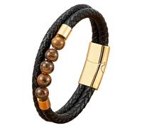 HUIANGLIYG Mens Beaded Leather Bracelet With Magnetic Clasp Natural Stone Tiger Eye/Lava Rock Beads Bracelets Gift For Men Vintage Handcrafted Jewelry Gifts Gold 19 Cm