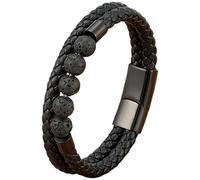 HUIANGLIYG Mens Beaded Leather Bracelet With Magnetic Clasp Natural Stone Tiger Eye/Lava Rock Beads Bracelets Gift For Men Vintage Handcrafted Jewelry Gifts Black 19 Cm