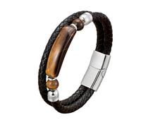 HUIANGLIYG Men'S Black Braided Leather Bracelet Natural Gemstone Double Layer Bracelet with Magnetic Clasp Stylish Bohemian Handmade Wristband Jewelry Gift for Him Tigers Eye Stone Silver 21Cm