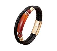 HUIANGLIYG Men'S Black Braided Leather Bracelet Natural Gemstone Double Layer Bracelet with Magnetic Clasp Stylish Bohemian Handmade Wristband Jewelry Gift for Him Red Agate Gold 19Cm